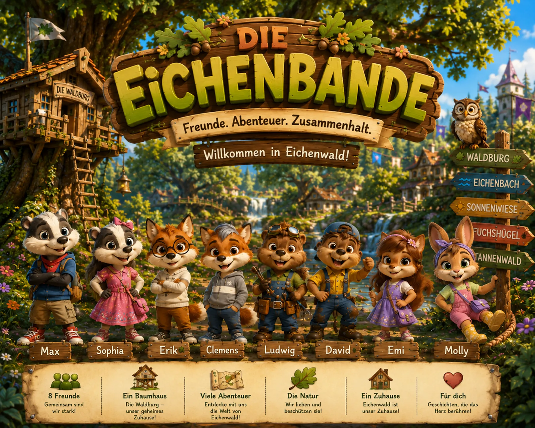 Die ganze Eichenbande steht vor dem Baumhaus im Eichenwald, Oma Eule sitzt auf einem Ast.
