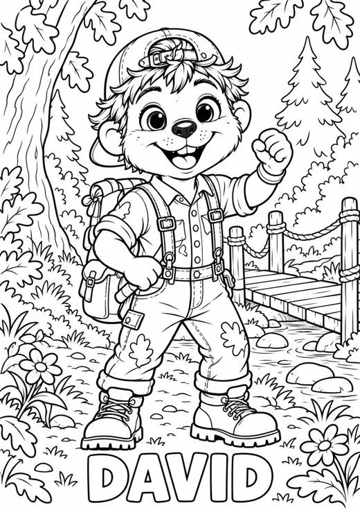 Ausmalbild: David winkt am Waldsteg