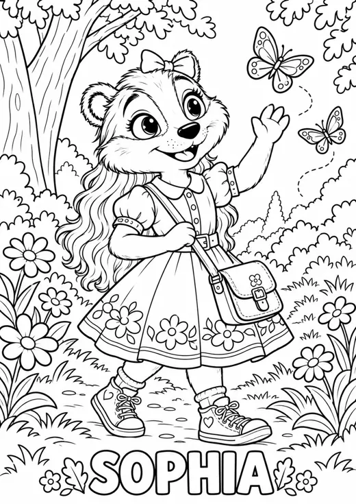 Ausmalbild: Sophia winkt bei Schmetterlingen im Blumenwald